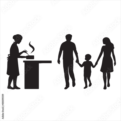 Silhouettes illustrating a woman actively cooking at a kitchen counter with steam rising, alongside a happy family comprising a father, mother, and child walking hand-in-hand together. whitebackground