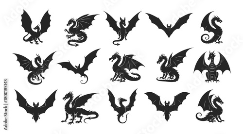 Collection of black dragon and bat silhouettes in various poses mythical creature