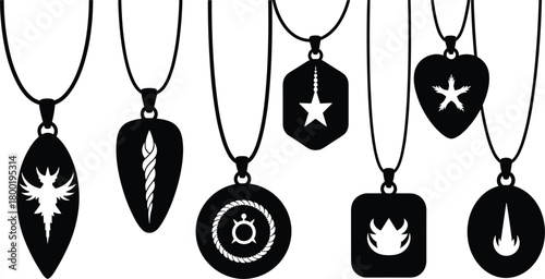Collection of black silhouette pendants with white symbols on white background necklace
