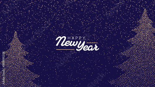 Happy New Year elegant calligraphy text with festive gold glitter dots forming Christmas tree on dark background. Seasonal greeting card for celebration.