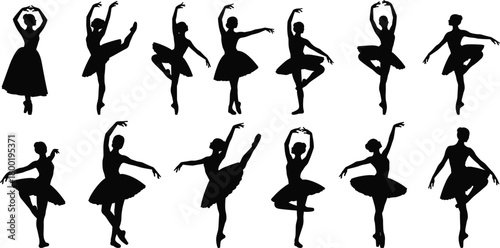 Collection of black silhouettes of ballerinas in various dance poses ballet dancer
