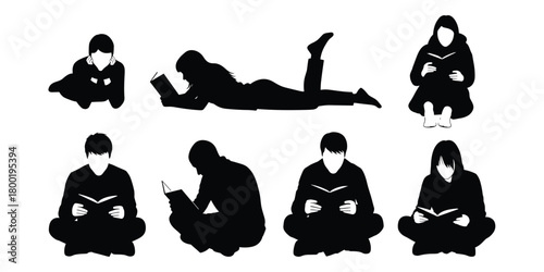 Collection of Black Silhouettes of People Reading Books in Various Poses person