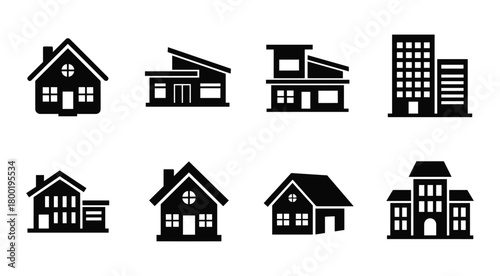 Collection of eight black house and building icons on white background house icon