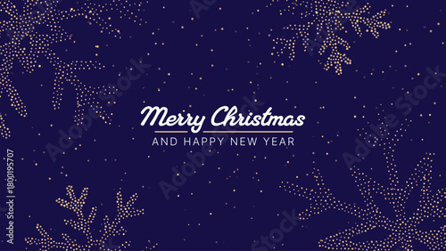Merry Christmas and happy New Year greeting card with decorative dotted snowflake design on a dark background for holiday season celebration.