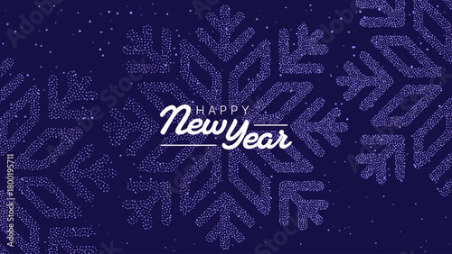 Happy New Year digital greeting card on a background of dotted snowflakes. Winter holiday celebration banner with new beginning concept.