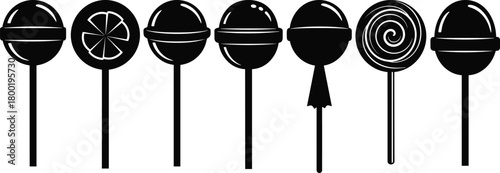 Collection of seven black silhouette lollipops on white background candy sweet