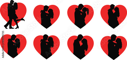 Couple Silhouettes Embracing Against Red Hearts Collection love romance
