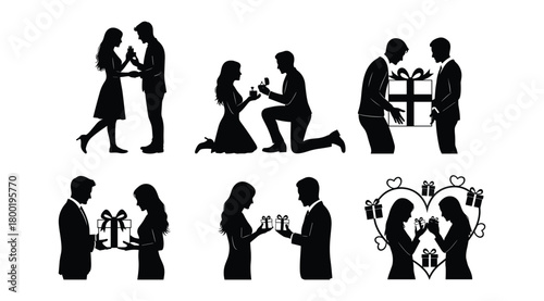 Couple silhouettes exchanging gifts and proposing with ring woman