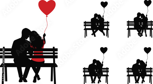 Couple silhouettes on park bench with heart balloons romance and love vector