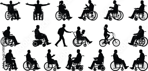 Diverse people in wheelchairs and on bicycles in silhouette disability accessibility
