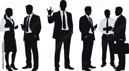 Photos Five business people silhouettes in dark suits and light shirts interacting on w
