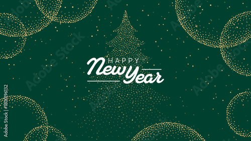 Happy New Year message with dotted Christmas tree and sparkling circle elements on a dark green background for holiday greeting card design.