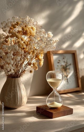 Beautiful Decor With Sunlit Flowers and an Hourglass on a Shelf in a Cozy Space