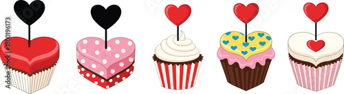 Five heart shaped cupcakes with decorative toppers and varied frosting and wrappers