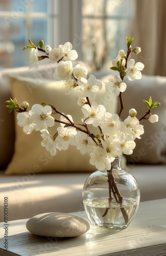 Cherry Blossoms in a Glass Vase on a Wooden Table Near a Cozy Couch in Soft S...