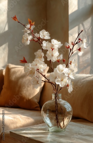 Cherry Blossoms in a Glass Vase on a Wooden Table Near a Cozy Couch in Soft S...