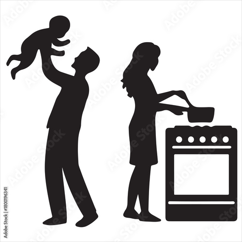 Silhouette graphic illustration of a father playing with his baby, lifting child in air, beside a mother cooking on a stove, representing family roles, parenthood, and domestic life. white background