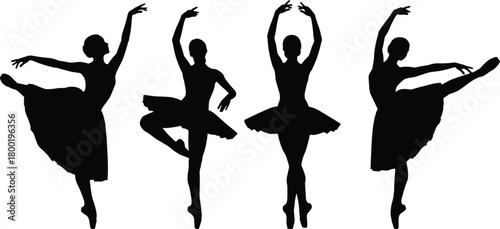 Four black silhouette ballet dancers in various graceful poses on white background