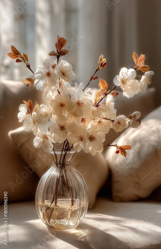 Soft Sunlight Illuminates Fresh Cherry Blossom Arrangement in a Cozy Living S...