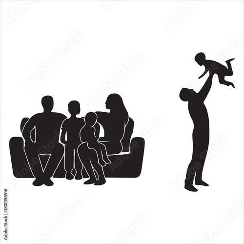 family, silhouette, parents, children, domestic, home, life, togetherness, unity, daily, routine, lifestyle, bonding, relationship, dining, table, eating, relaxation, sofa, couch, interaction