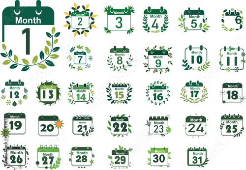 Collection of calendar date icons from 1 to 31, isolated on