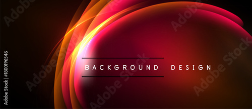 Abstract design features vibrant curves, gradients. Red, orange hues dominate dark background. Text reads background design.