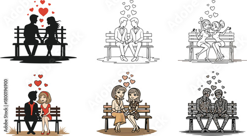 Six diverse couple illustrations on benches with hearts floating above love romance