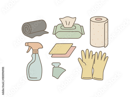 flat vector handdrawn soft palette clean outlines white background cleanup kit trash bag roll wet wipes pack paper towels spray bottle cloths gloves no logos no gloss