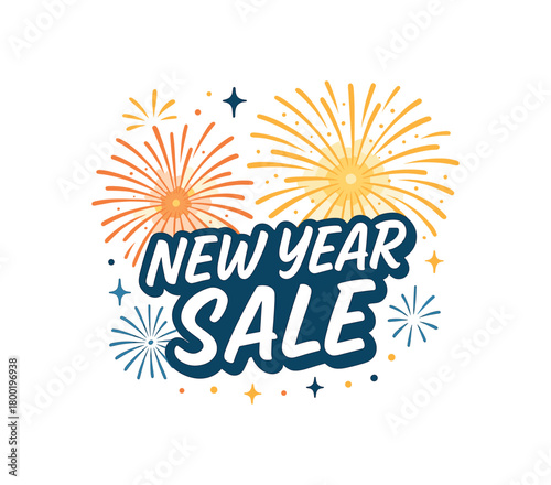 Flat vector illustration with text NEW YEAR SALE brush script lettering placed over fireworks background with glowing light effects flat modern vector style isolated on white background