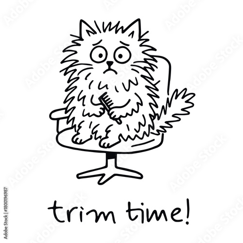 Black-and-white cartoon illustration of anxious cat with comb on swivel chair and “trim time!” message in whimsical pet grooming theme