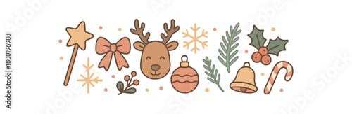 Cozy Christmas flat vector illustration collection of cute festive icons reindeer head wand ribbon bow snowflake ornament ball fir branch holly berries tiny dots bell candy cane arranged