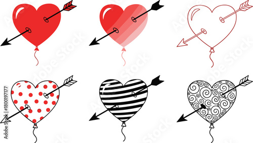 Six heart shaped balloons pierced by arrows in various styles cupid love