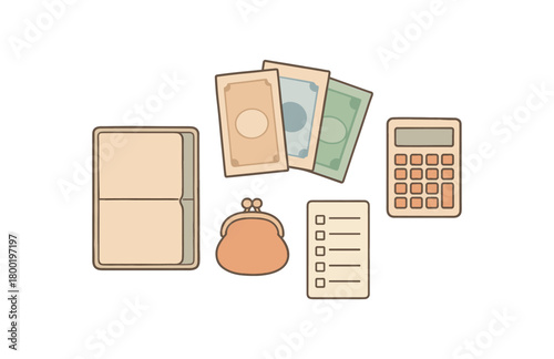 flat vector handdrawn soft palette clean outlines white background travel budget passport wallet blank currency envelopes coin pouch calculator checklist card no logos no gloss