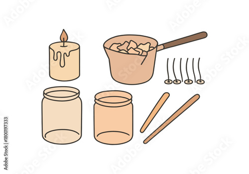 flat vector handdrawn soft palette clean outlines white background candle remelt wax scraps melting pot wick set jar stir stick no logos no gloss