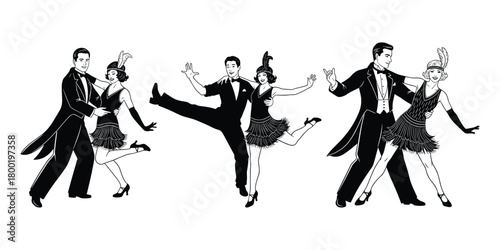 Three couples dancing in 1920s flapper and tuxedo attire art deco ballroom dancing