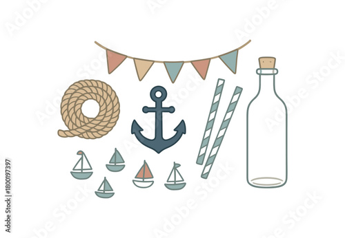 flat vector handdrawn soft palette clean outlines white background nautical theme rope coil anchor prop striped straws sailboat confetti bunting glass bottle no logos no gloss