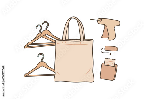 flat vector handdrawn soft palette clean outlines white background zero contain thrift haul canvas tote hanger set tag remover receipt pouch no logos no gloss