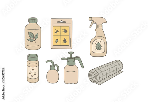 flat vector handdrawn soft palette clean outlines white background pest care neem oil bottle sticky traps pack insecticidal soap spray granules shaker hand sprayer garden netting roll no