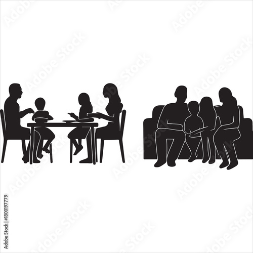 Family moments silhouette collection featuring parents and children dining at a table and relaxing together on a sofa, depicting daily domestic life and togetherness. isolated on white background
