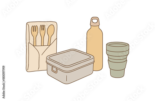 flat vector handdrawn soft palette clean outlines white background on the go kit bamboo cutlery cloth napkin snack box steel bottle collapsible cup no logos no gloss