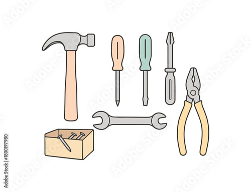 Flat vector toolbox: hammer screwdrivers wrench pliers nails box pastel palette clean outlines minimal centered isolated on white no logos