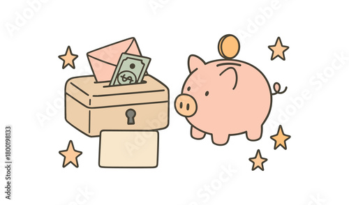 flat vector handdrawn soft palette clean outlines white background emergency fund lockbox cash envelope goal card blank piggy bank sticker stars no logos no gloss
