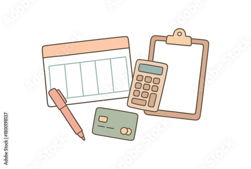 flat vector handdrawn soft palette clean outlines white background paycheck planning weekly pad highlighter calculator bank card blank clipboard no logos no gloss