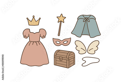 flat vector handdrawn soft palette clean outlines white background fairy tale dress up crown wand cape mask wings treasure chest no logos no gloss