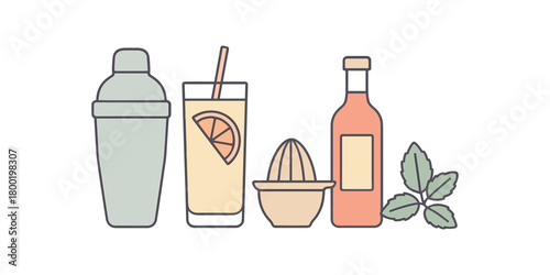 Flat vector home bar mocktails: shaker tall glass citrus juicer syrup bottle mint pastel palette clean outlines minimal centered isolated on white no logos