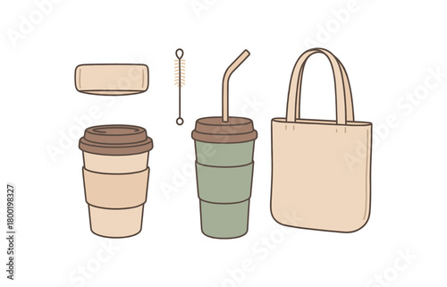 flat vector handdrawn soft palette clean outlines white background zero contain coffee takeout swap travel mug metal straw straw brush sleeve tote no logos no gloss