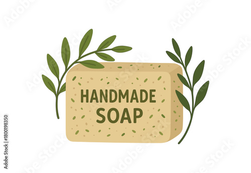 Handmade soap bar with herbs flat vector illustration isolated on white background