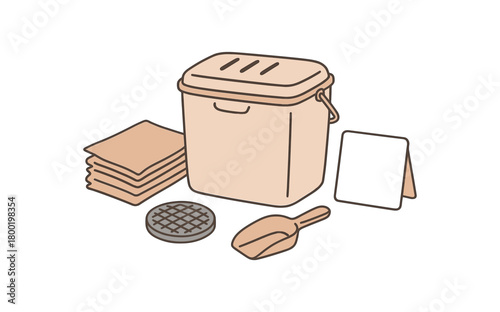 flat vector handdrawn soft palette clean outlines white background compost corner countertop bin paper liners carbon filter small scoop guide card blank no logos no gloss