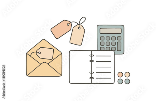 flat vector handdrawn soft palette clean outlines white background party budget envelope box price tags blank planner calculator sticker dots no logos no gloss