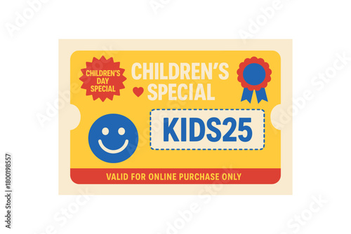 Flat vector coupon CHILDREN DAY SPECIAL burst and ribbon rosette big happy headline code KIDS25 heart and smile icons bright primary palette clear terms row